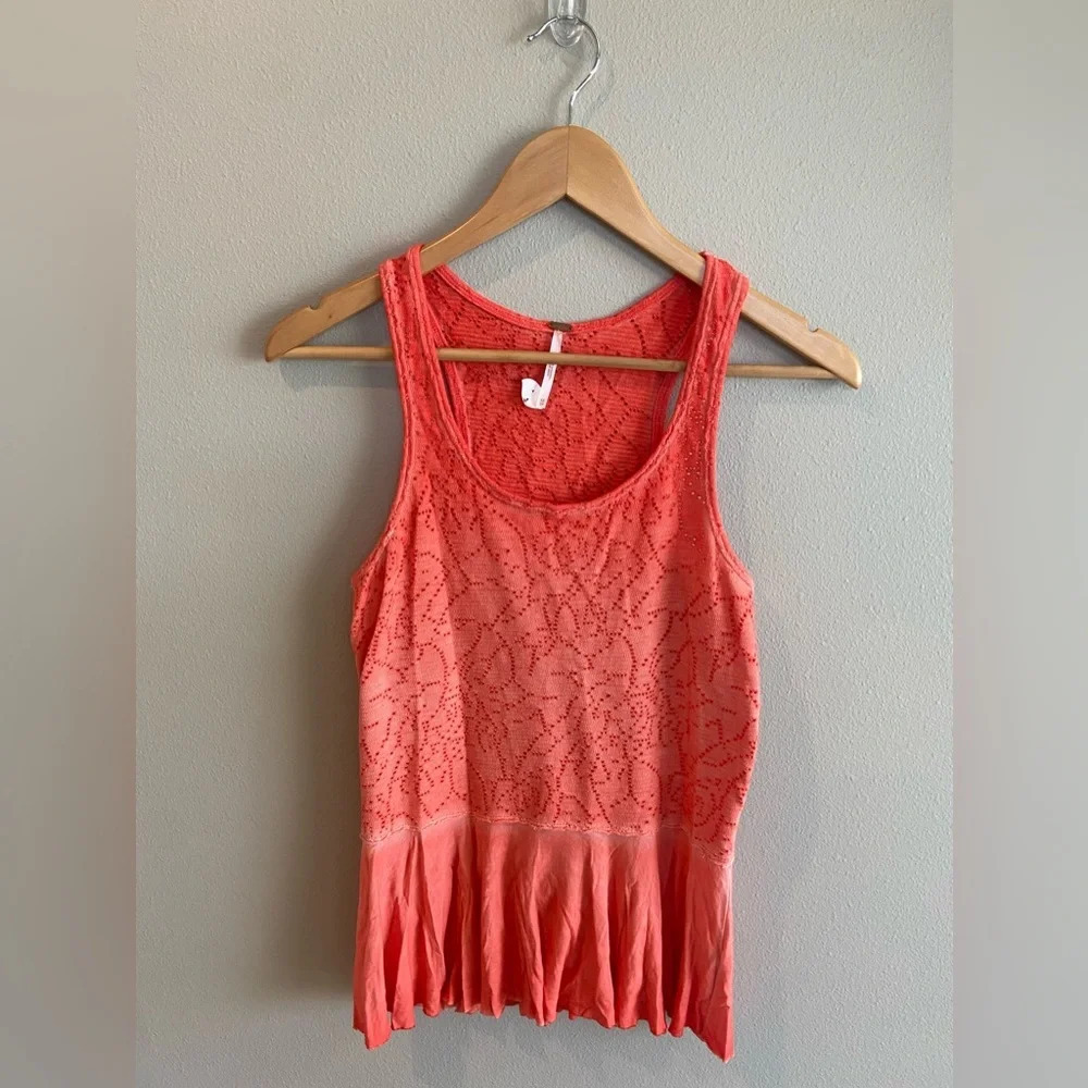FREE PEOPLE Rally Tank Top‎ Orange Perforated Peplum Summer Tank EUC XS